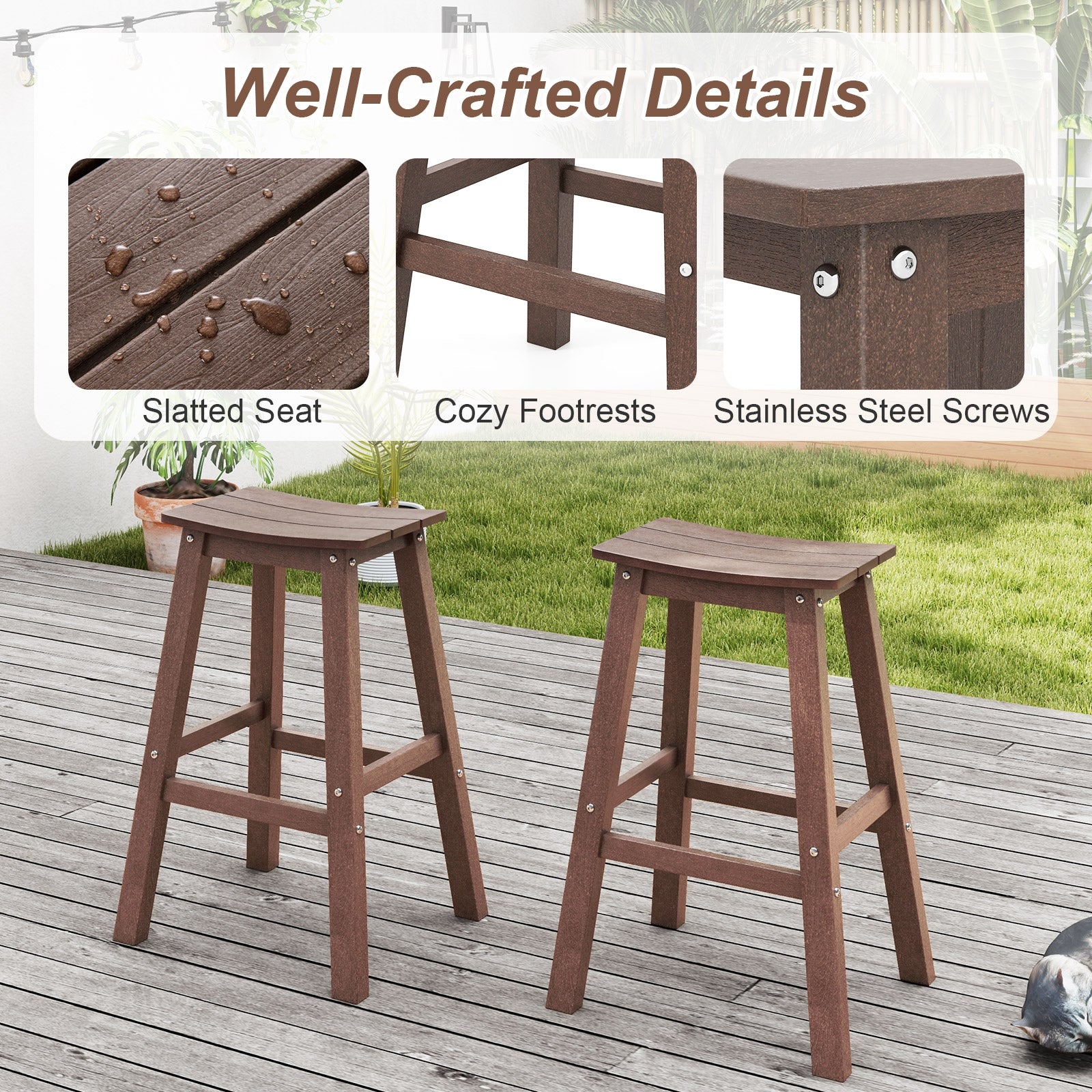 29 Inch HDPE Patio Bar Stool Set of 2 Armless Saddle Stools, Brown Bar Stools at Gallery Canada