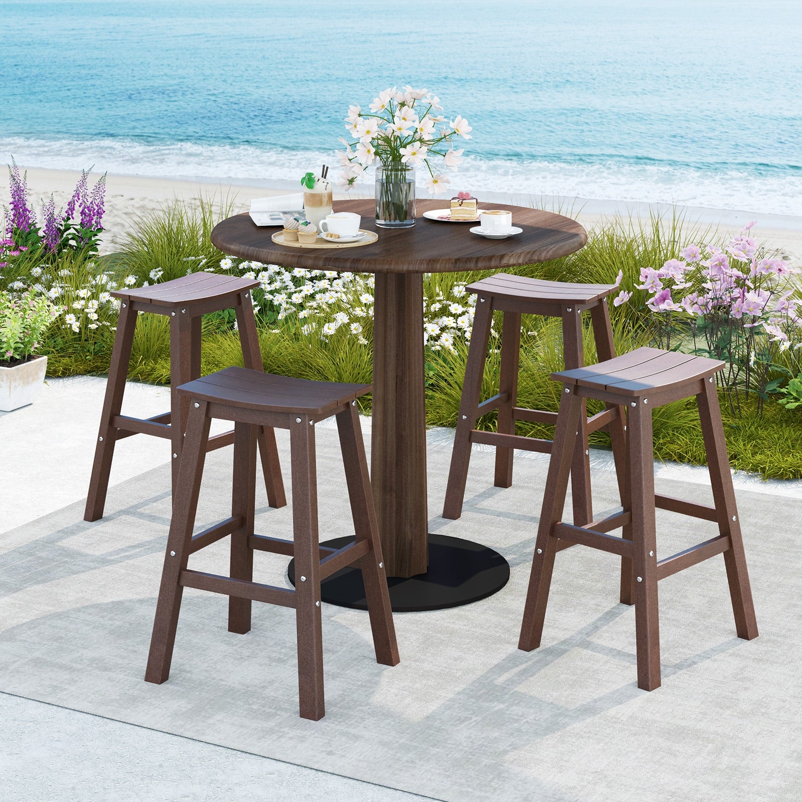 29 Inch HDPE Patio Bar Stool Set of 2 Armless Saddle Stools, Brown Bar Stools at Gallery Canada