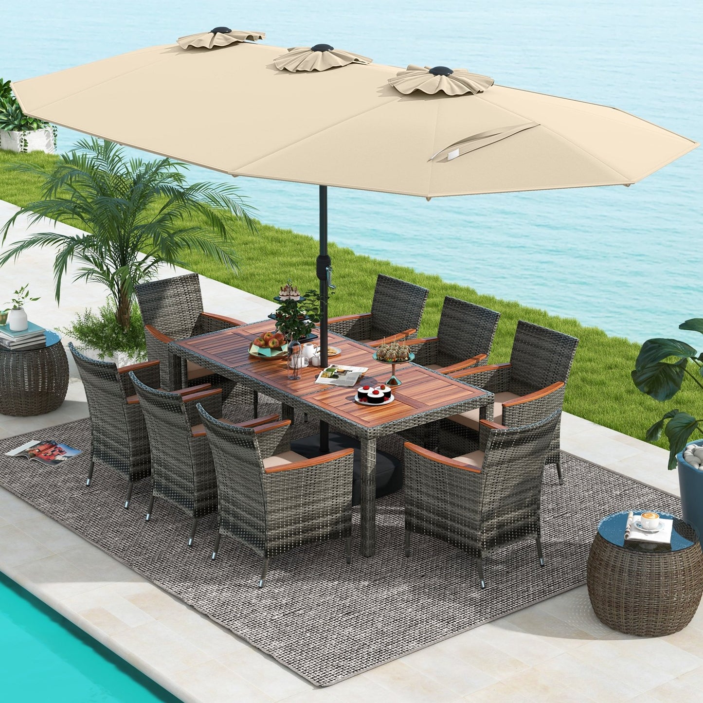 10 Pieces Patio Wicker Dining Set with 15 Feet Double-Sided Patio Umbrella, Beige Patio Dining Sets   at Gallery Canada