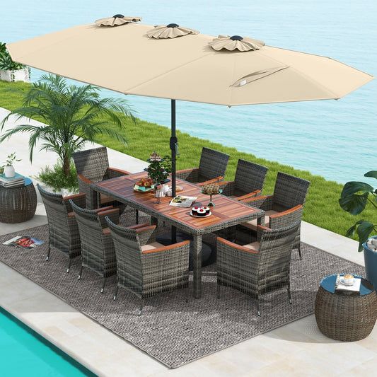 10 Pieces Patio Wicker Dining Set with 15 Feet Double-Sided Patio Umbrella, Beige Patio Dining Sets Beige  at Gallery Canada