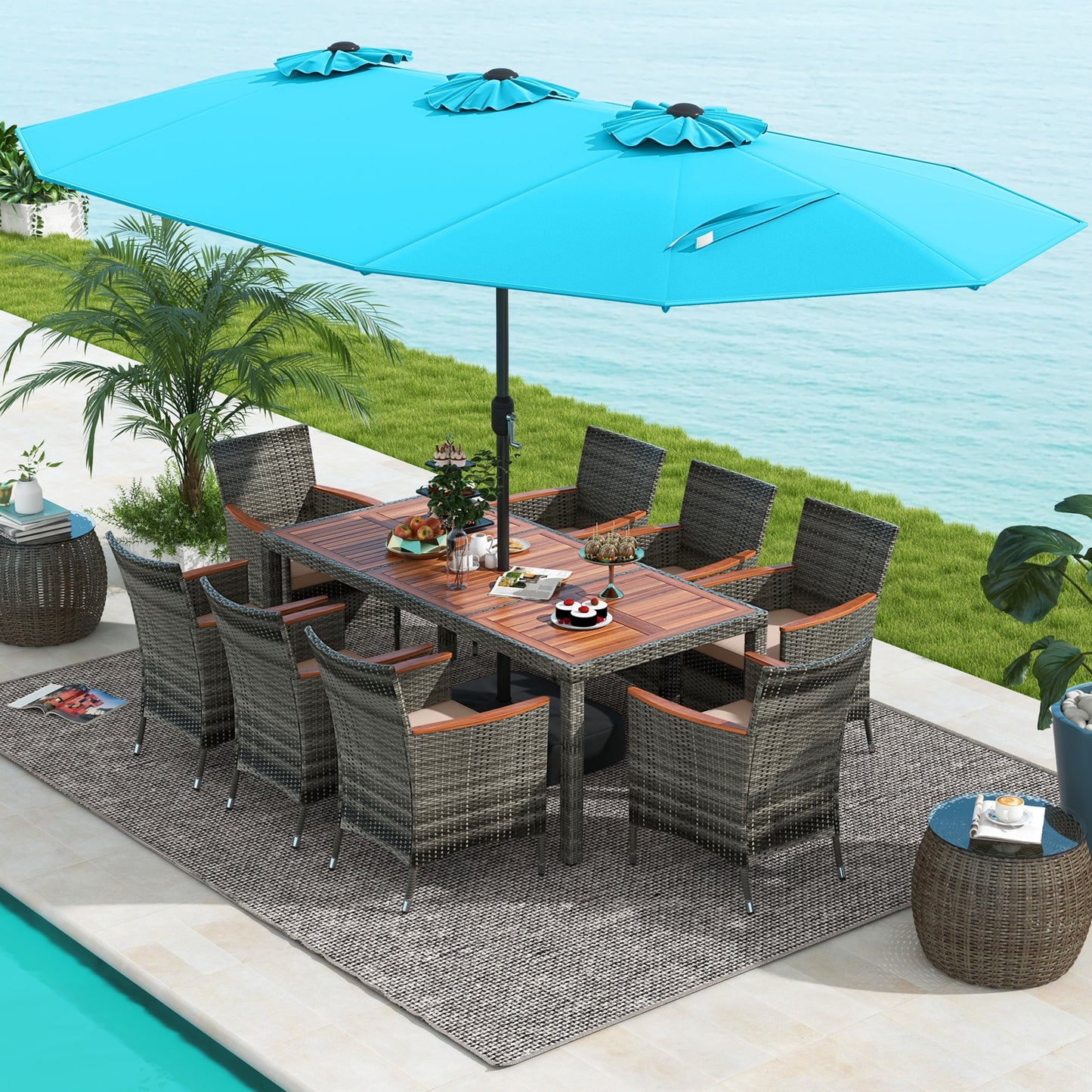 10 Pieces Patio Wicker Dining Set with 15 Feet Double-Sided Patio Umbrella, Turquoise Patio Dining Sets   at Gallery Canada