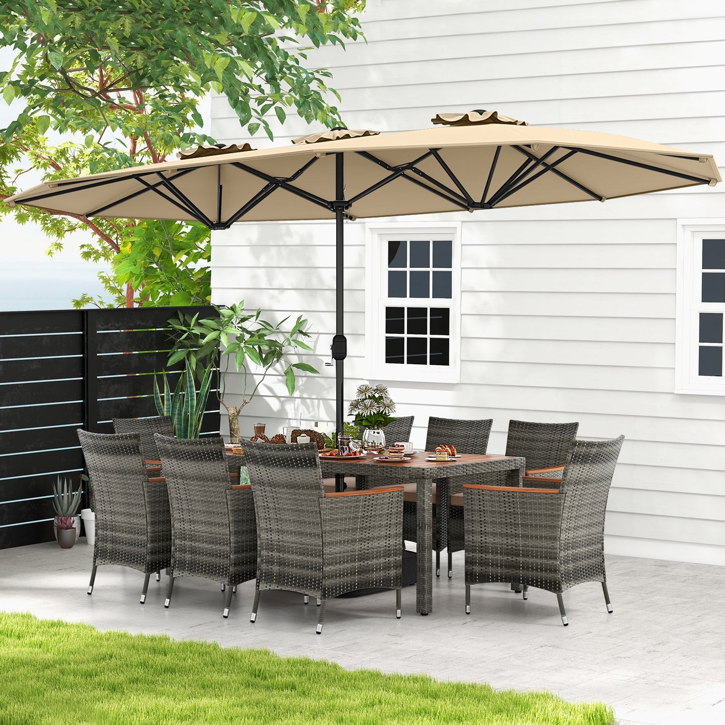 10 Pieces Patio Wicker Dining Set with 15 Feet Double-Sided Patio Umbrella, Beige Patio Dining Sets   at Gallery Canada