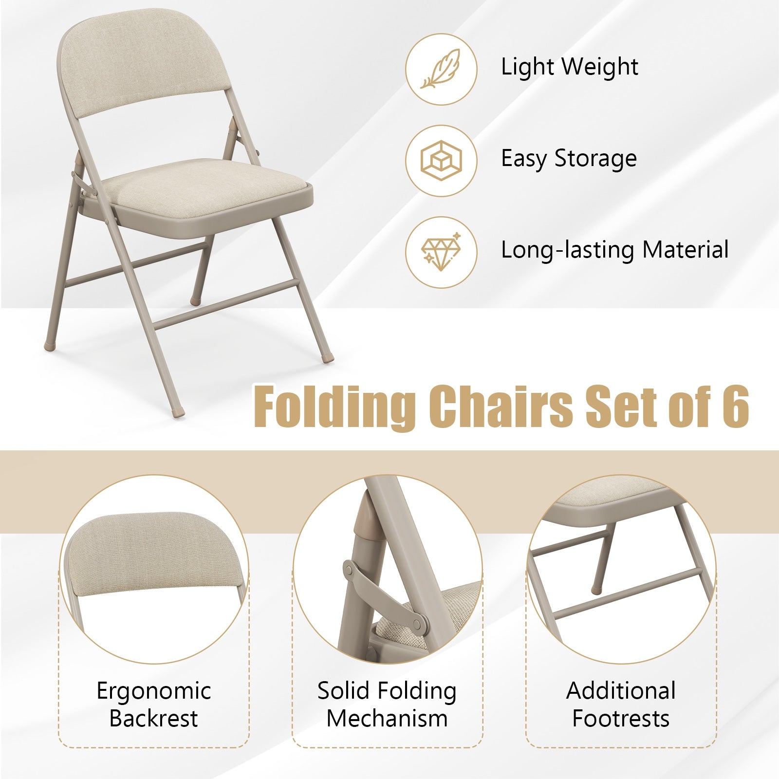 Foldable Chair Set of 6 with Padded Seat Seat and Fabric Covered Backrest-Set of 6, Beige Chairs at Gallery Canada