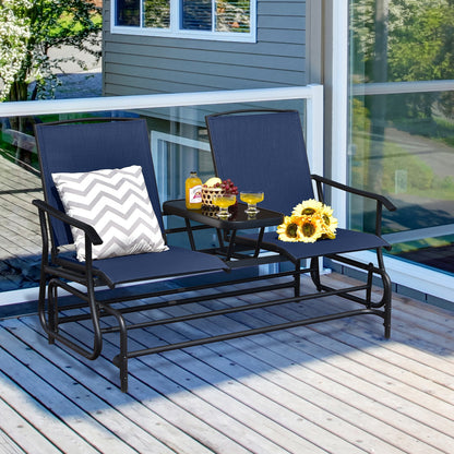 2-Person Double Rocking Loveseat with Mesh Fabric and Center Tempered Glass Table, Navy Patio Conversation Sets at Gallery Canada