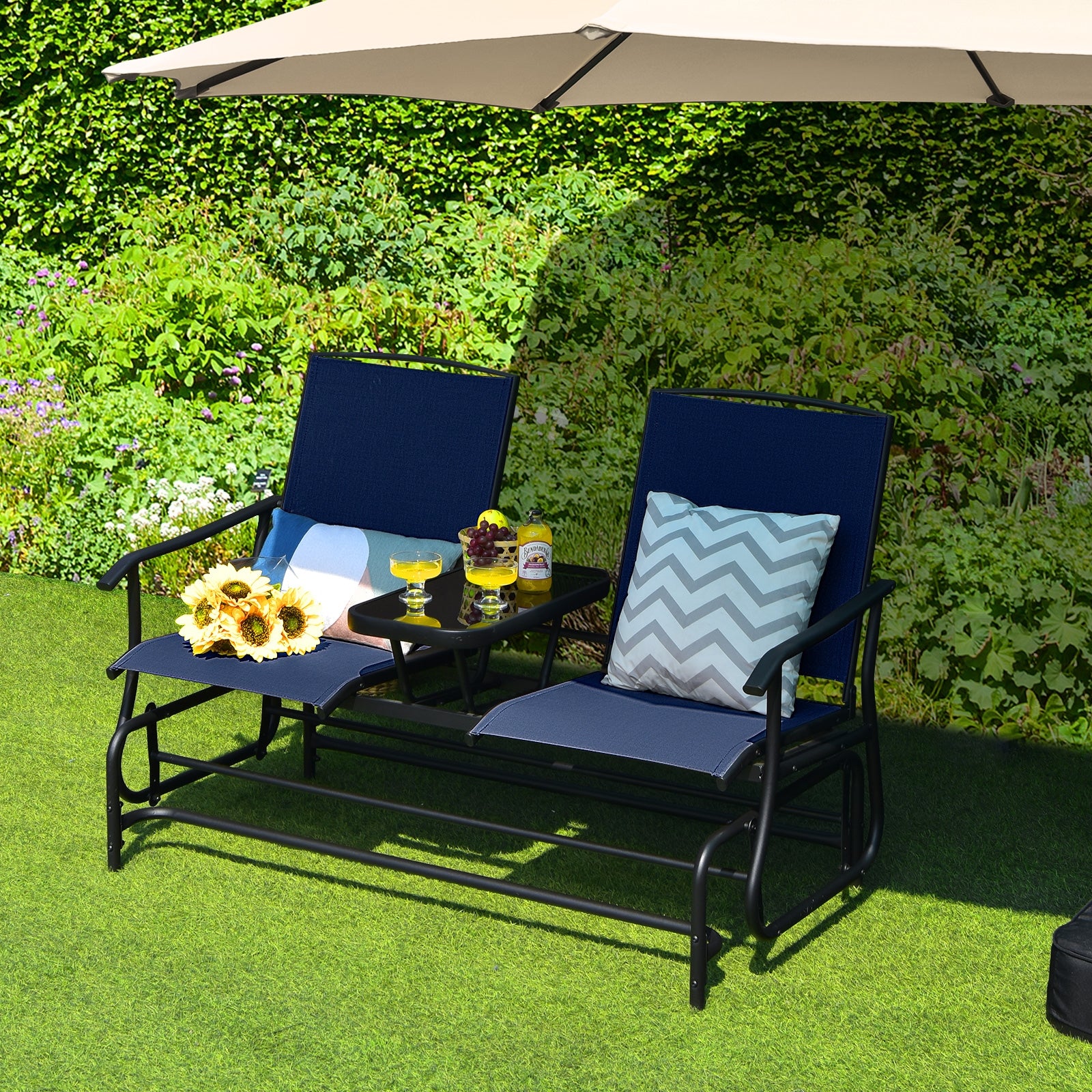 2-Person Double Rocking Loveseat with Mesh Fabric and Center Tempered Glass Table, Navy Patio Conversation Sets at Gallery Canada