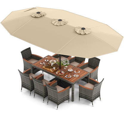 10 Pieces Patio Wicker Dining Set with 15 Feet Double-Sided Patio Umbrella, Beige Patio Dining Sets Beige  at Gallery Canada