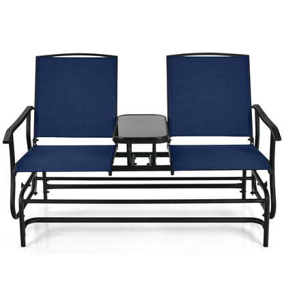 2-Person Double Rocking Loveseat with Mesh Fabric and Center Tempered Glass Table, Navy Patio Conversation Sets Navy at Gallery Canada