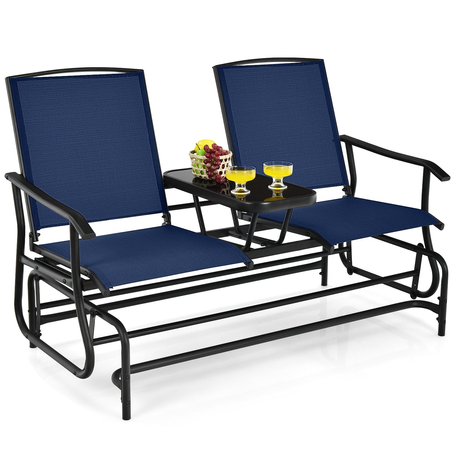 2-Person Double Rocking Loveseat with Mesh Fabric and Center Tempered Glass Table, Navy Patio Conversation Sets at Gallery Canada