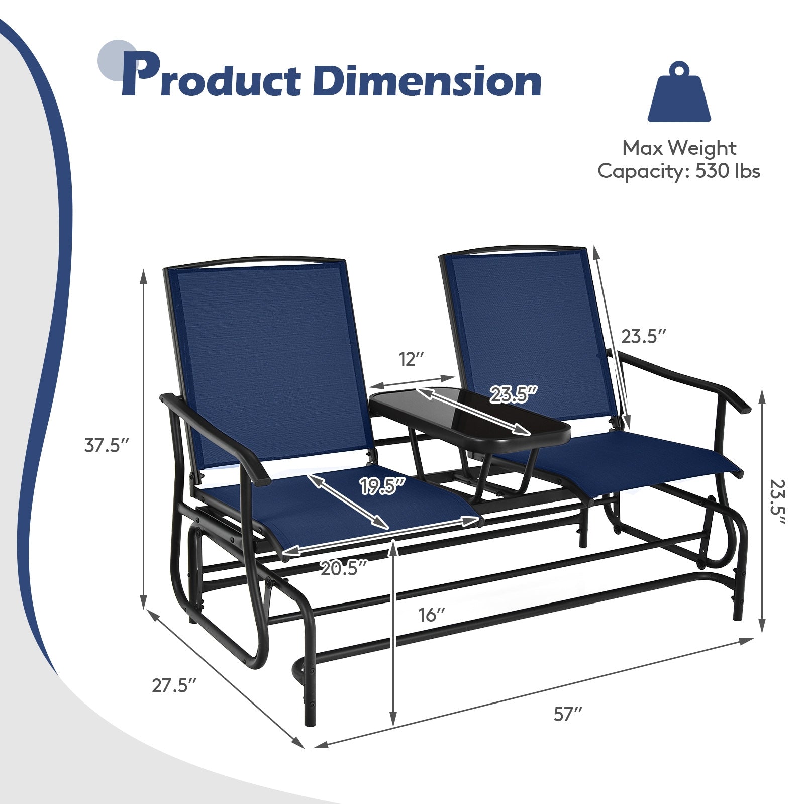 2-Person Double Rocking Loveseat with Mesh Fabric and Center Tempered Glass Table, Navy Patio Conversation Sets at Gallery Canada