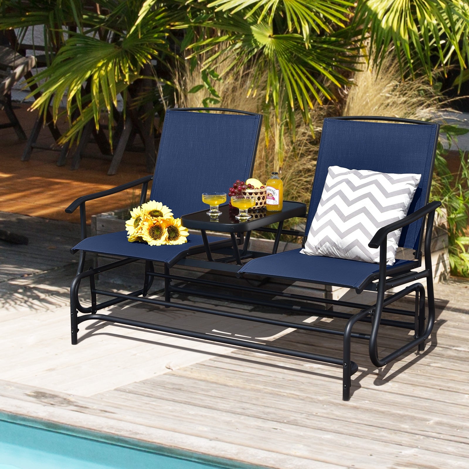 2-Person Double Rocking Loveseat with Mesh Fabric and Center Tempered Glass Table, Navy Patio Conversation Sets at Gallery Canada