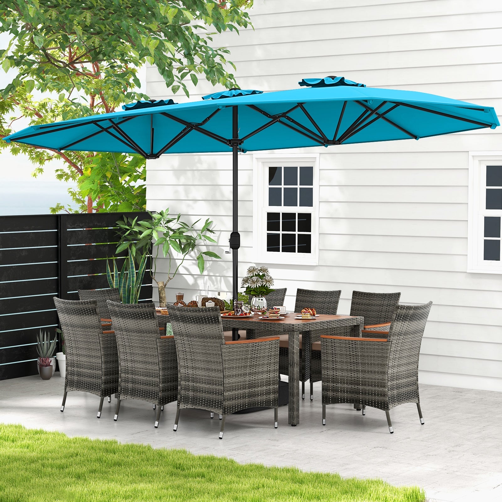 10 Pieces Patio Wicker Dining Set with 15 Feet Double-Sided Patio Umbrella, Turquoise Patio Dining Sets   at Gallery Canada