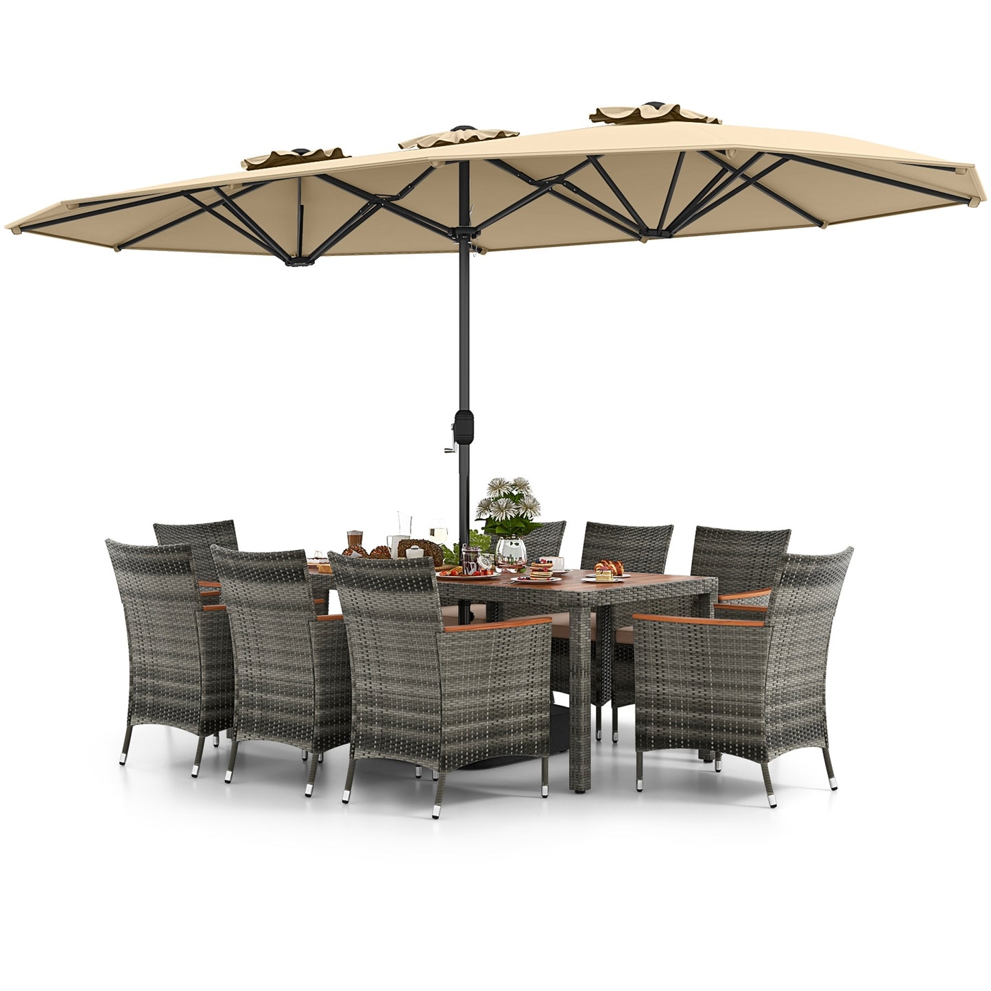 10 Pieces Patio Wicker Dining Set with 15 Feet Double-Sided Patio Umbrella, Beige Patio Dining Sets   at Gallery Canada