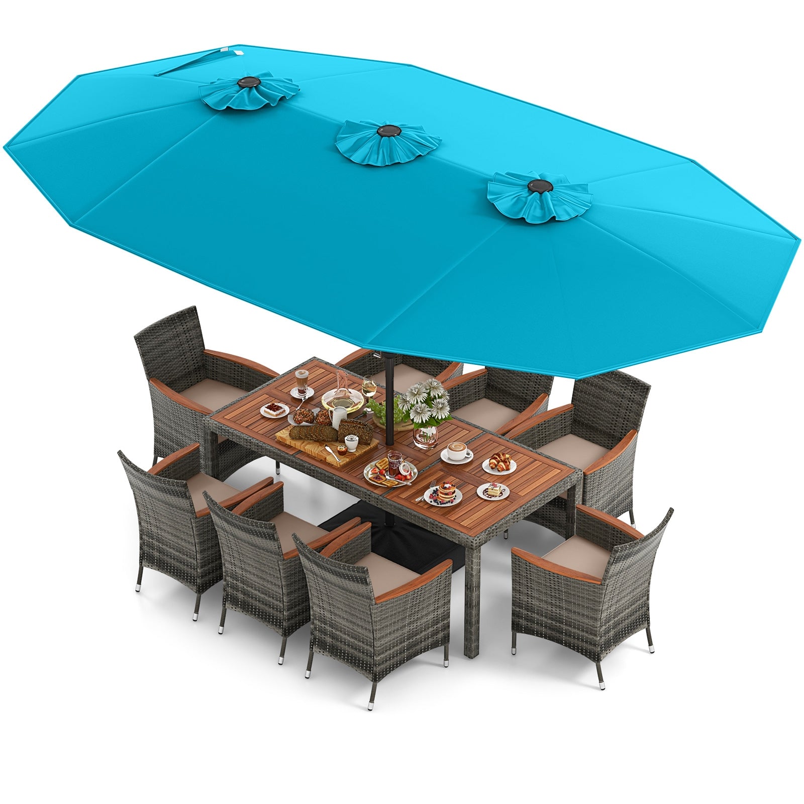 10 Pieces Patio Wicker Dining Set with 15 Feet Double-Sided Patio Umbrella, Turquoise Patio Dining Sets Turquoise  at Gallery Canada