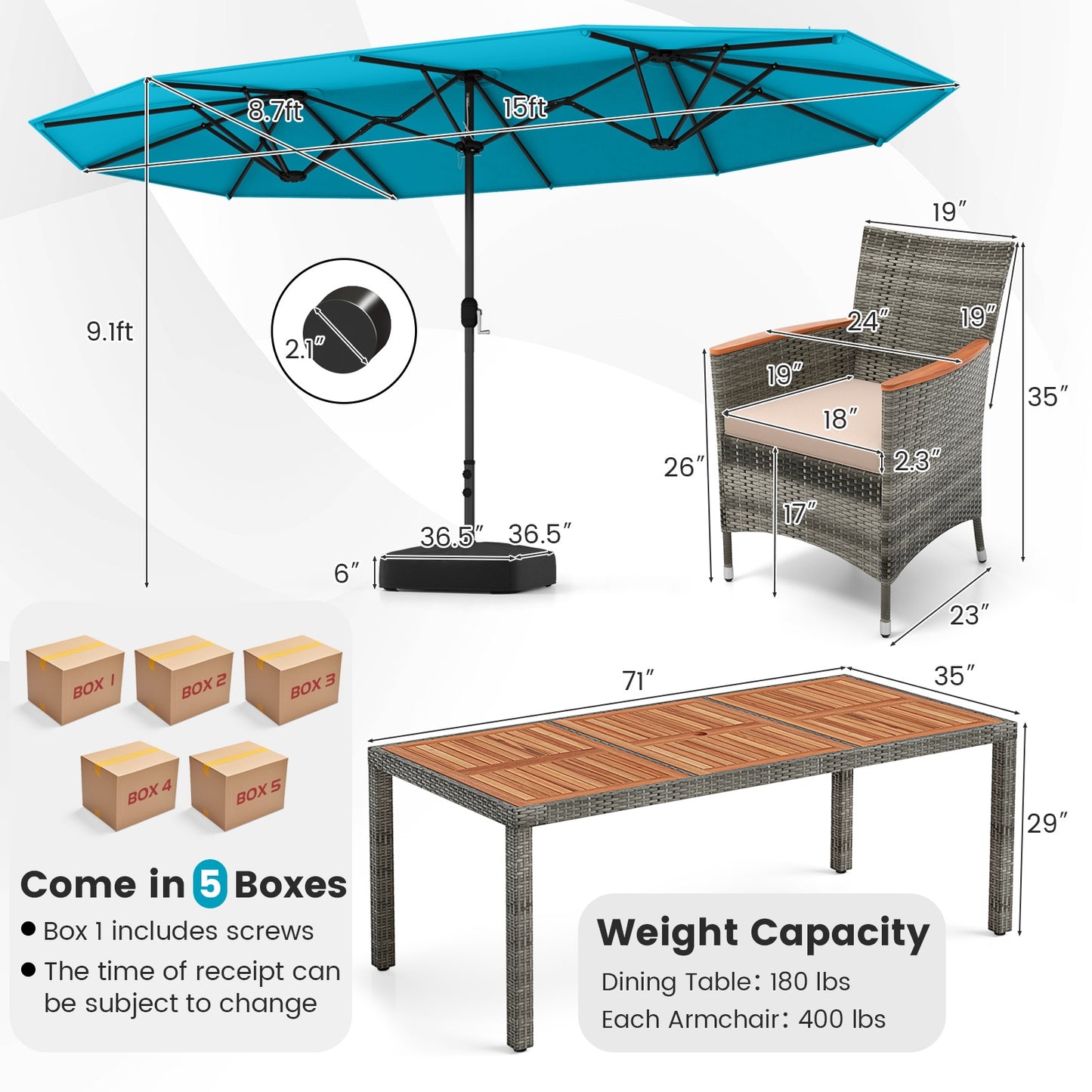 10 Pieces Patio Wicker Dining Set with 15 Feet Double-Sided Patio Umbrella, Turquoise Patio Dining Sets   at Gallery Canada