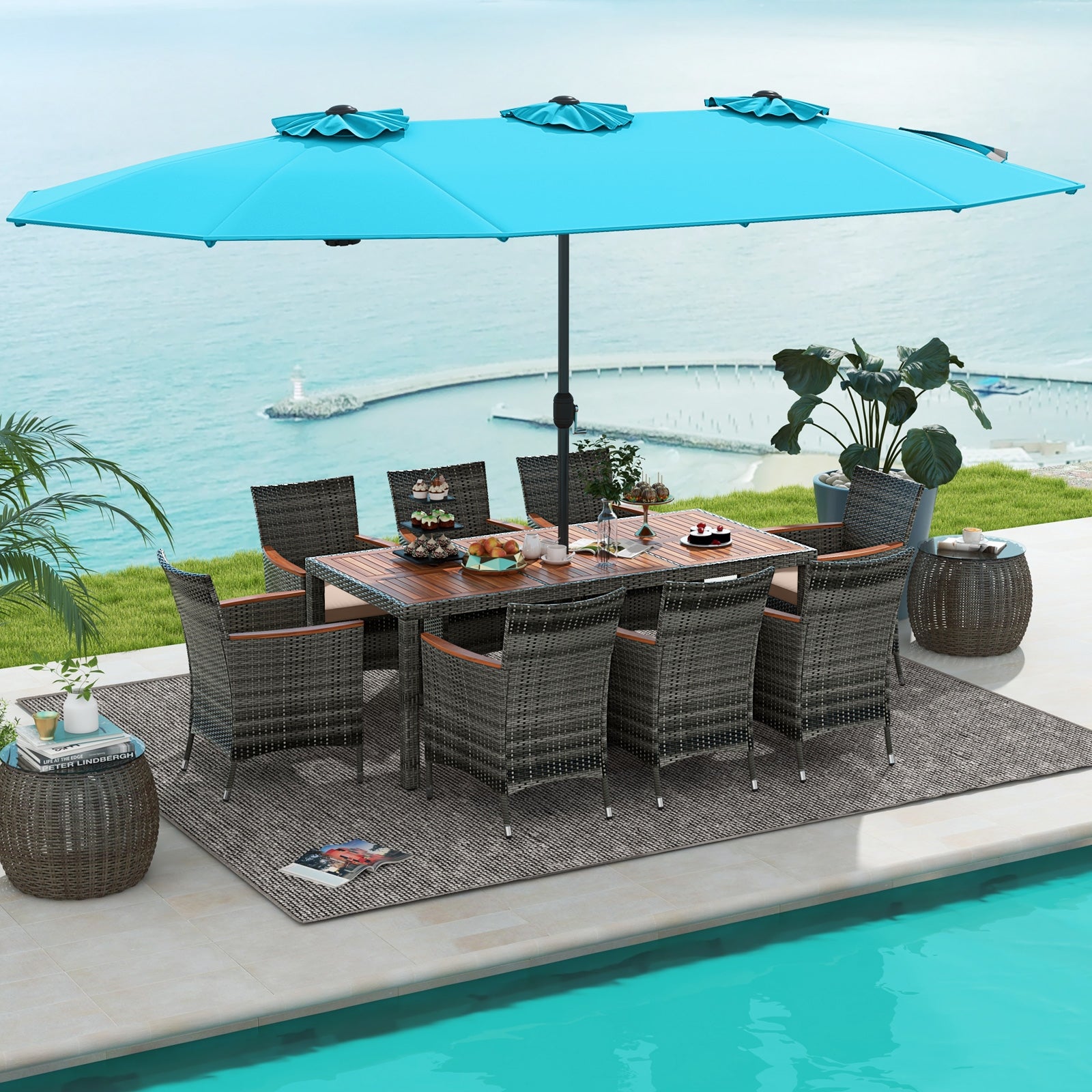 10 Pieces Patio Wicker Dining Set with 15 Feet Double-Sided Patio Umbrella, Turquoise Patio Dining Sets   at Gallery Canada