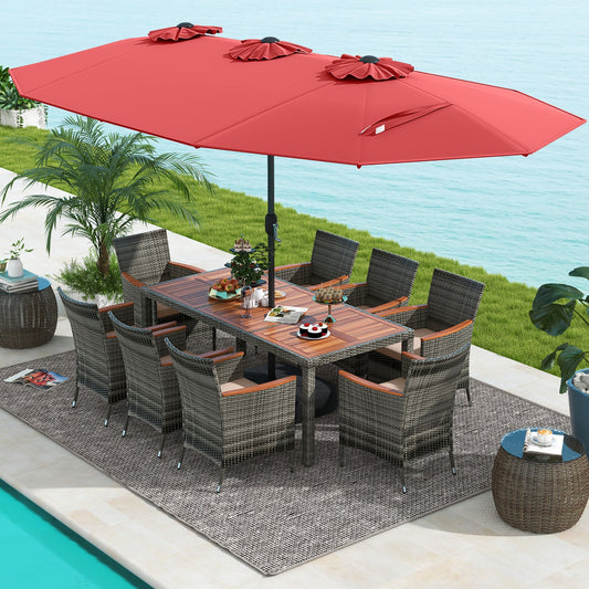 10 Pieces Patio Wicker Dining Set with 15 Feet Double-Sided Patio Umbrella, Red Patio Dining Sets Red  at Gallery Canada