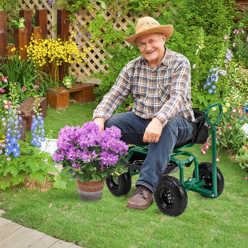 Cushioned Rolling Garden Cart Scooter with Storage Basket and Tool Pouch, Green