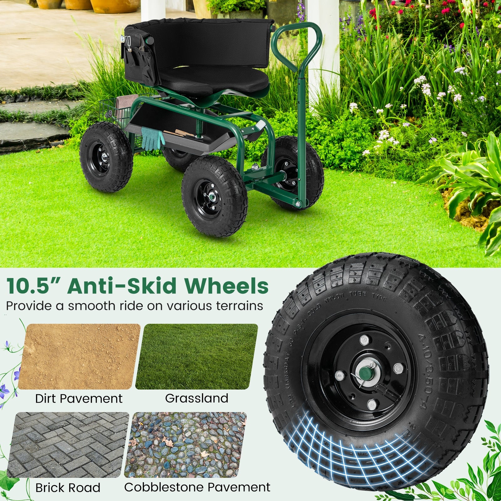 Cushioned Rolling Garden Cart Scooter with Storage Basket and Tool Pouch, Green Garden Carts at Gallery Canada