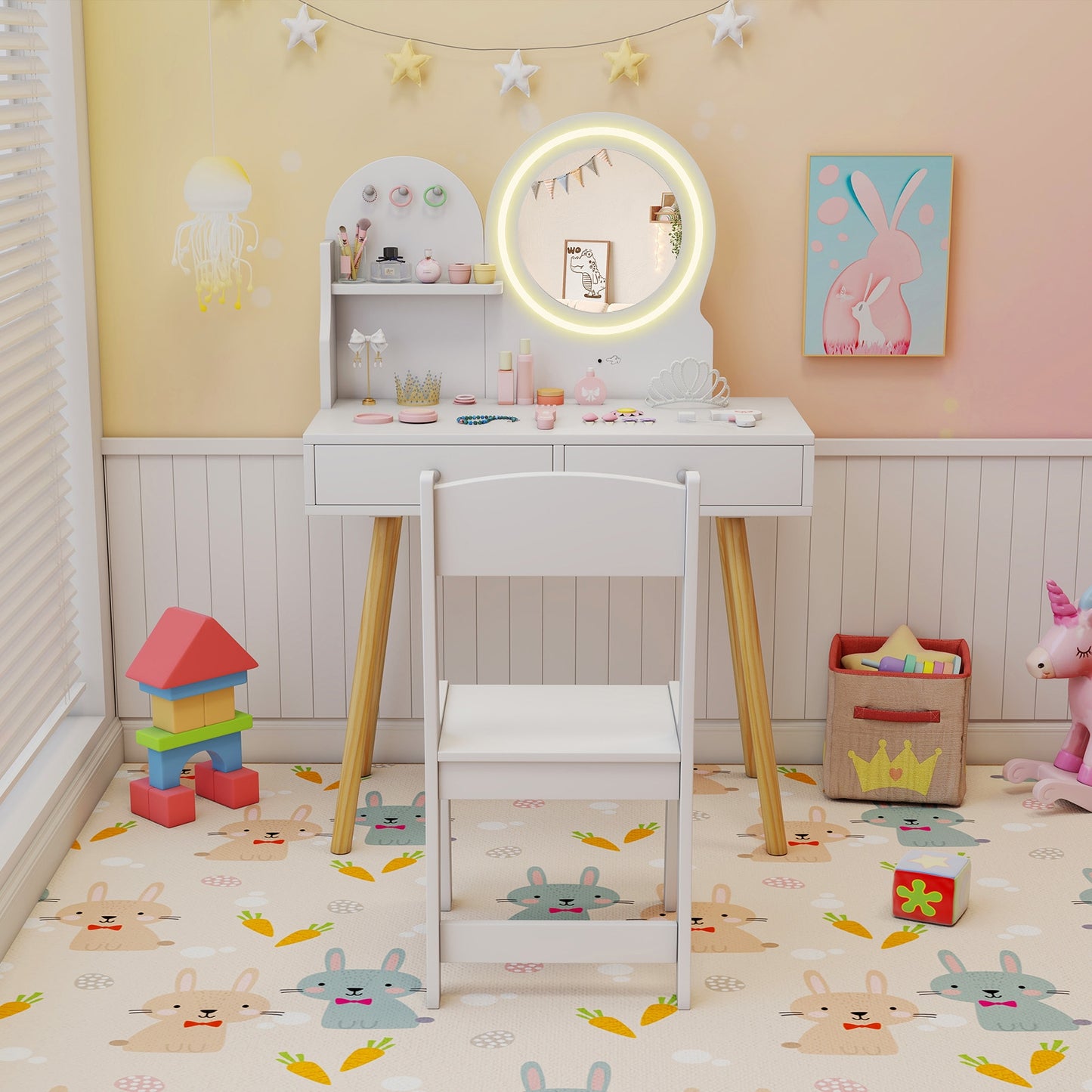 Kids Princess Makeup Dressing Desk and Chair Set with Mirror and Lights, White Kids Table & Chair Sets at Gallery Canada