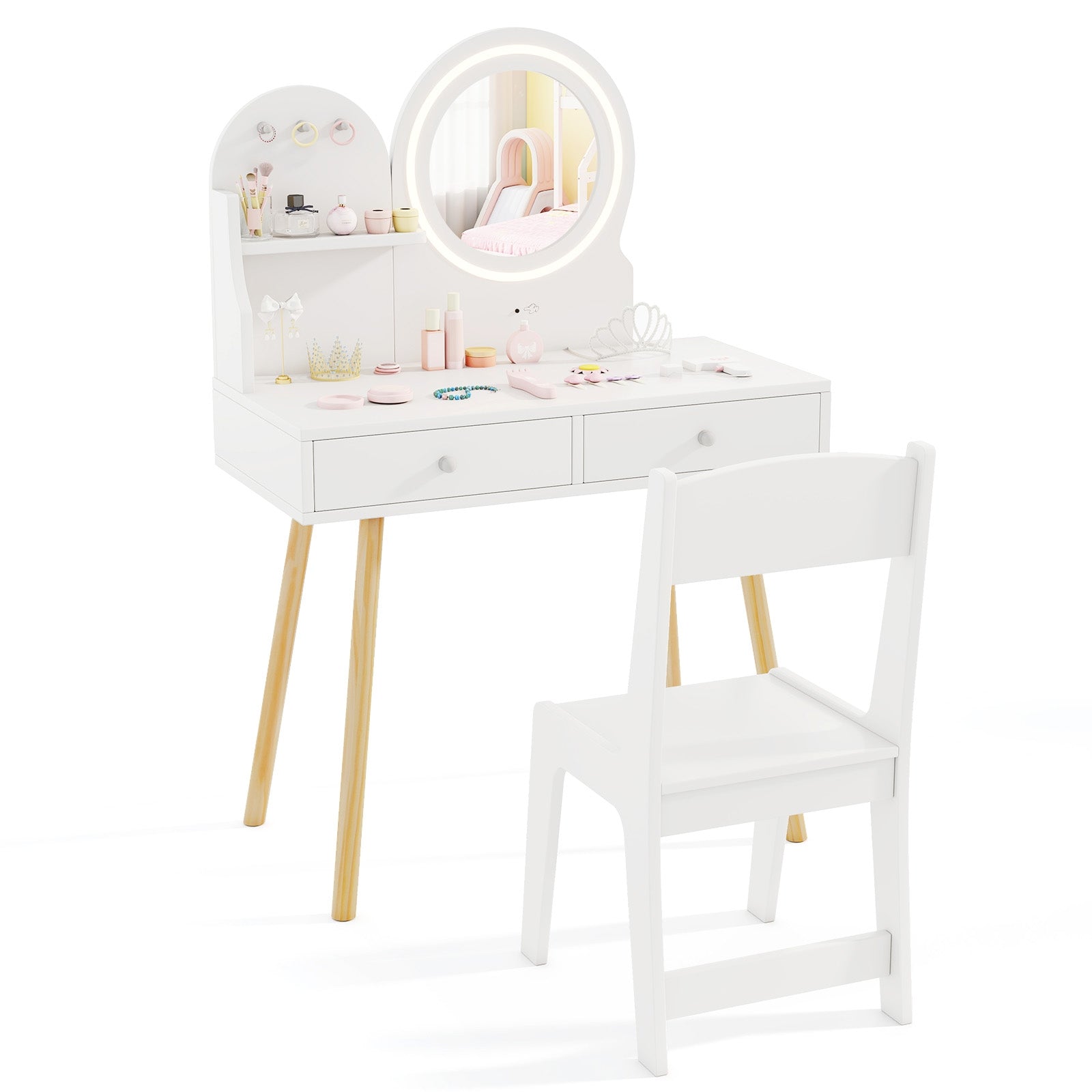 Kids Princess Makeup Dressing Desk and Chair Set with Mirror and Lights, White Kids Table & Chair Sets White at Gallery Canada