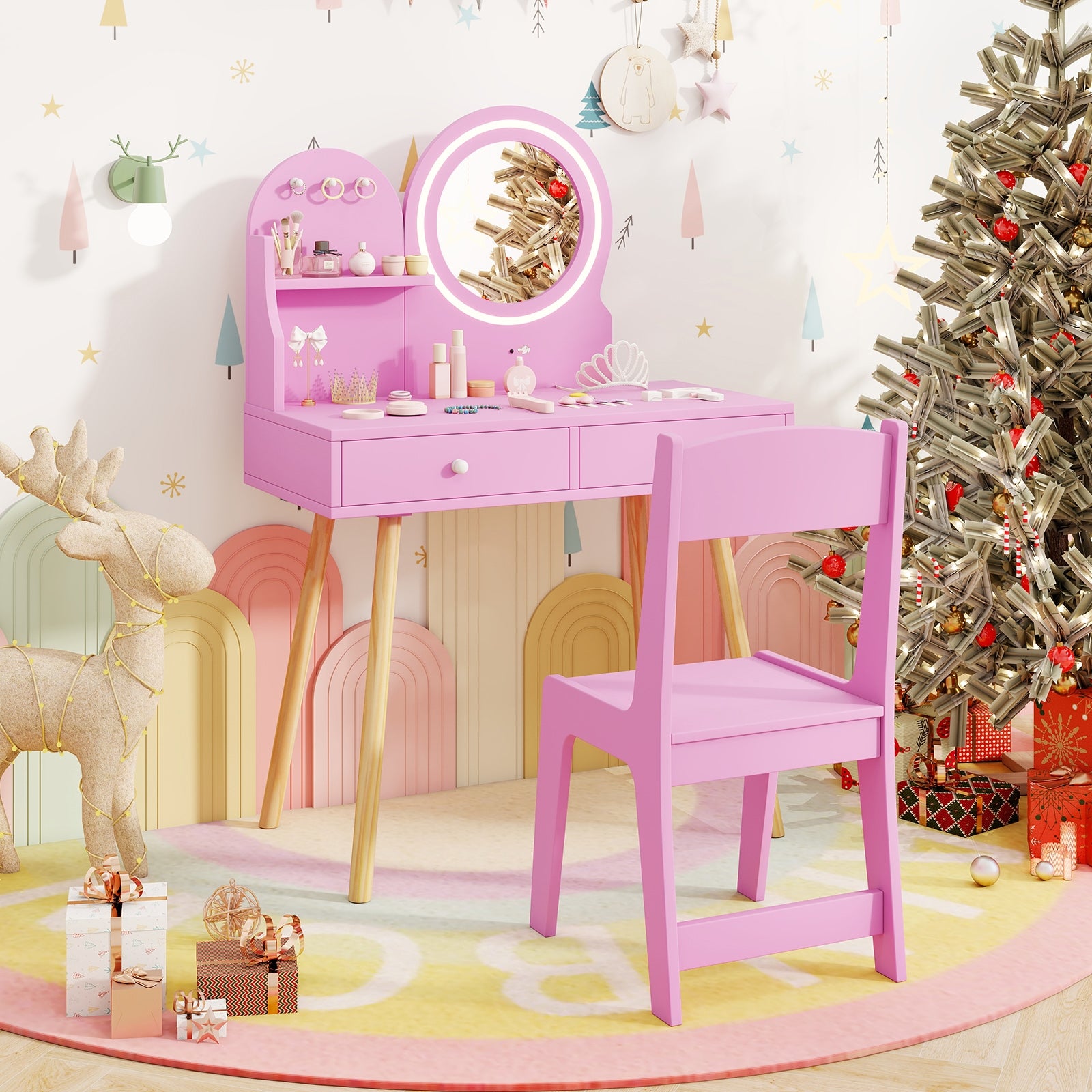 Kids Princess Makeup Dressing Desk and Chair Set with Mirror and Lights, Pink Kids Table & Chair Sets at Gallery Canada