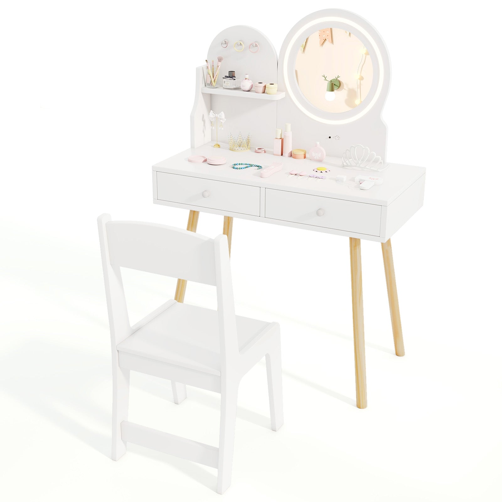 Kids Princess Makeup Dressing Desk and Chair Set with Mirror and Lights, White Kids Table & Chair Sets at Gallery Canada