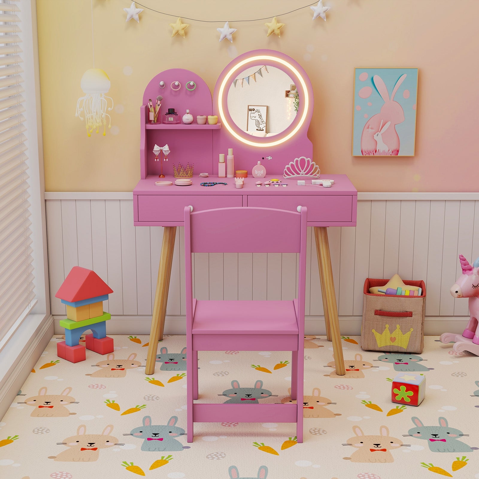 Kids Princess Makeup Dressing Desk and Chair Set with Mirror and Lights, Pink Kids Table & Chair Sets at Gallery Canada