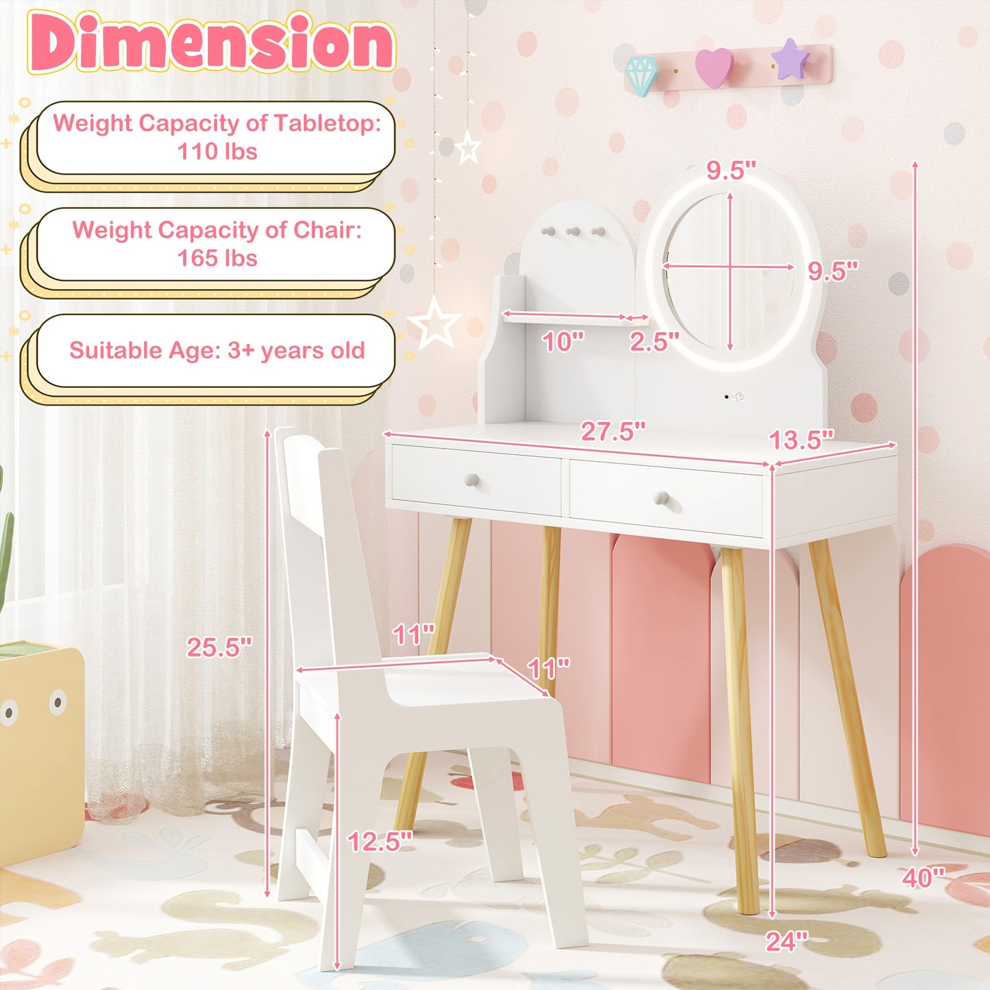 Kids Princess Makeup Dressing Desk and Chair Set with Mirror and Lights, White Kids Table & Chair Sets at Gallery Canada