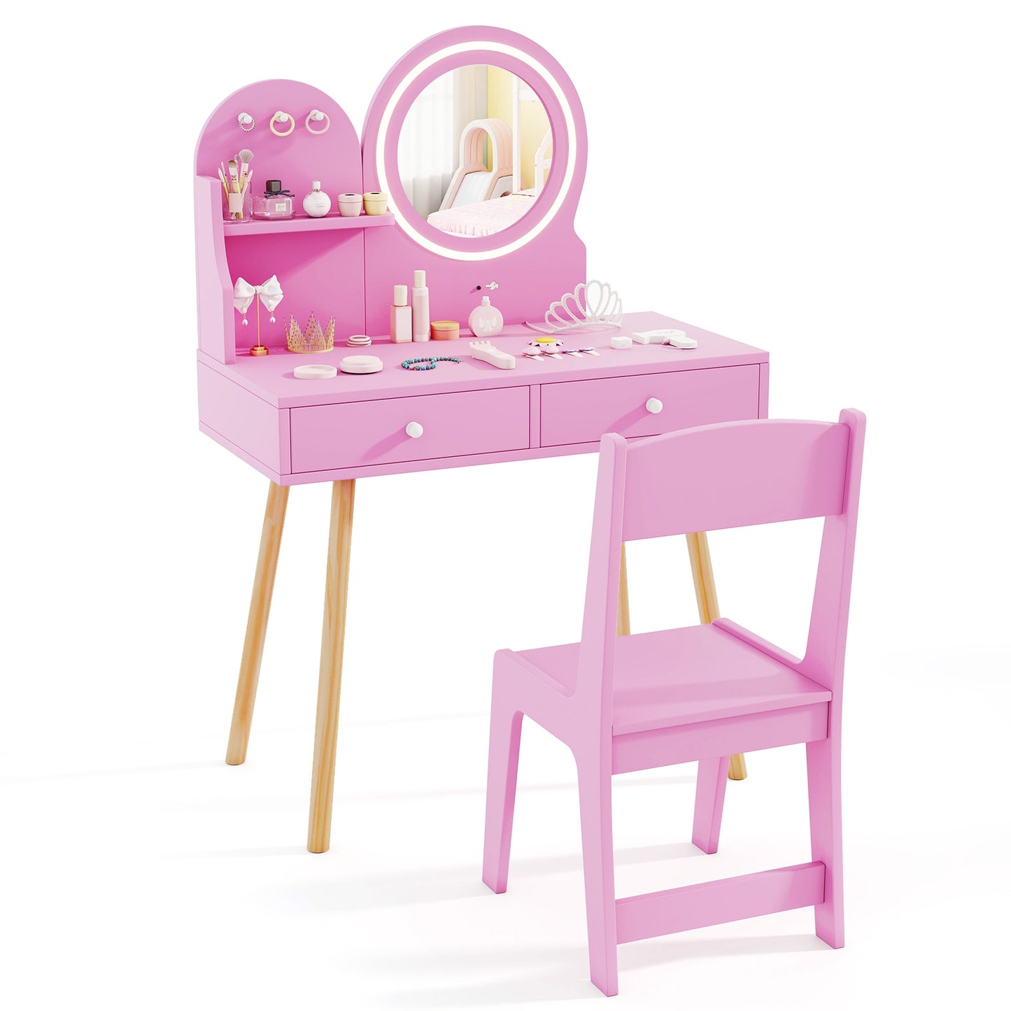 Kids Princess Makeup Dressing Desk and Chair Set with Mirror and Lights, Pink Kids Table & Chair Sets Pink at Gallery Canada