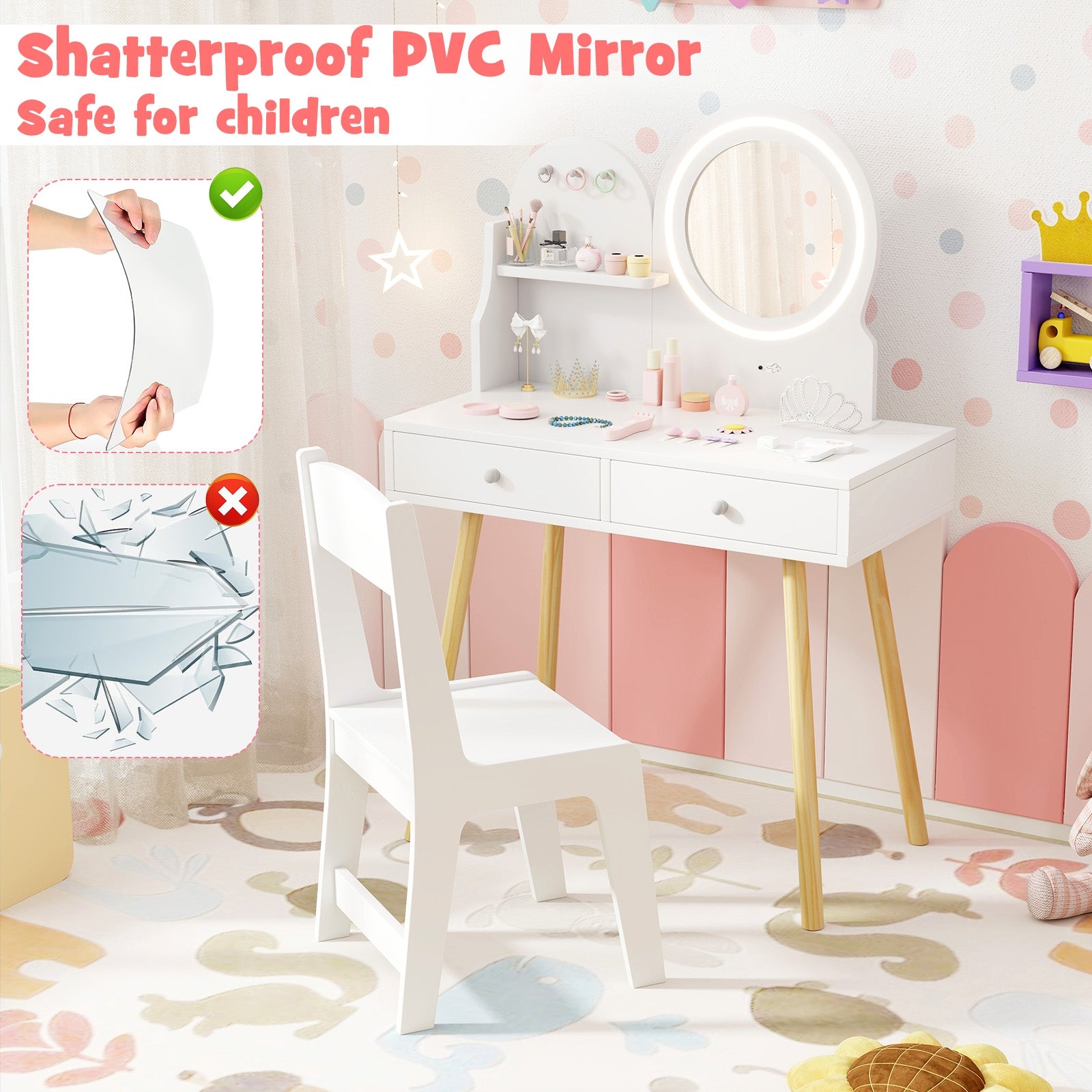 Kids Princess Makeup Dressing Desk and Chair Set with Mirror and Lights, White Kids Table & Chair Sets at Gallery Canada