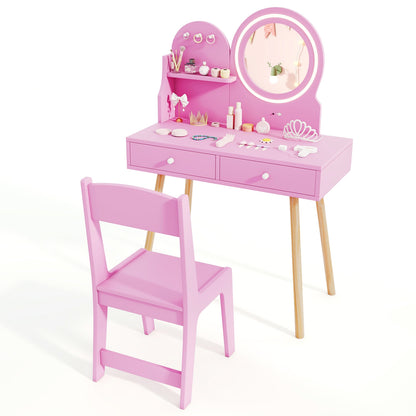 Kids Princess Makeup Dressing Desk and Chair Set with Mirror and Lights, Pink Kids Table & Chair Sets at Gallery Canada