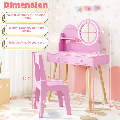 Kids Princess Makeup Dressing Desk and Chair Set with Mirror and Lights, Pink Kids Table & Chair Sets at Gallery Canada