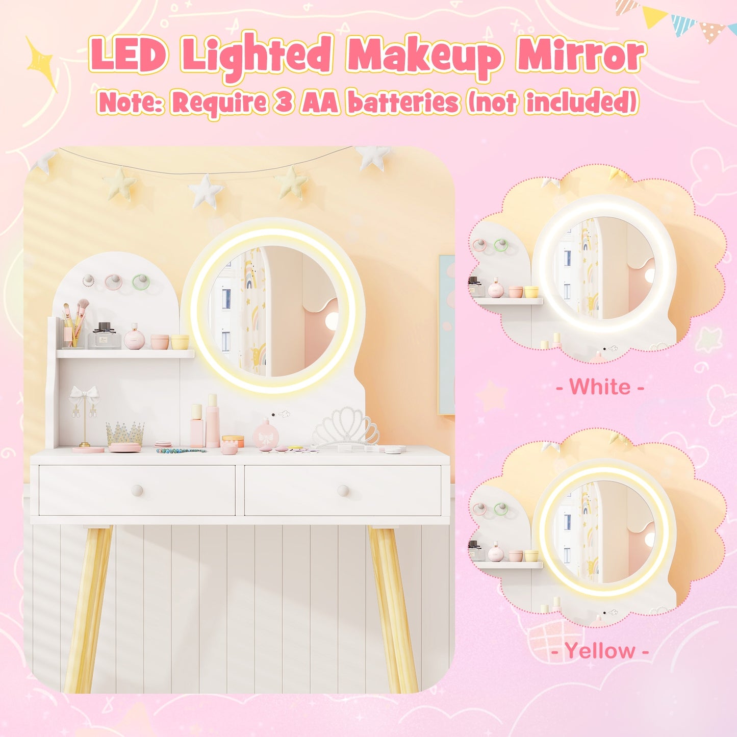 Kids Princess Makeup Dressing Desk and Chair Set with Mirror and Lights, White Kids Table & Chair Sets at Gallery Canada