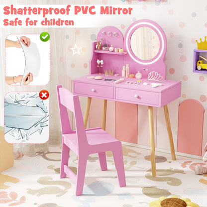 Kids Princess Makeup Dressing Desk and Chair Set with Mirror and Lights, Pink Kids Table & Chair Sets at Gallery Canada