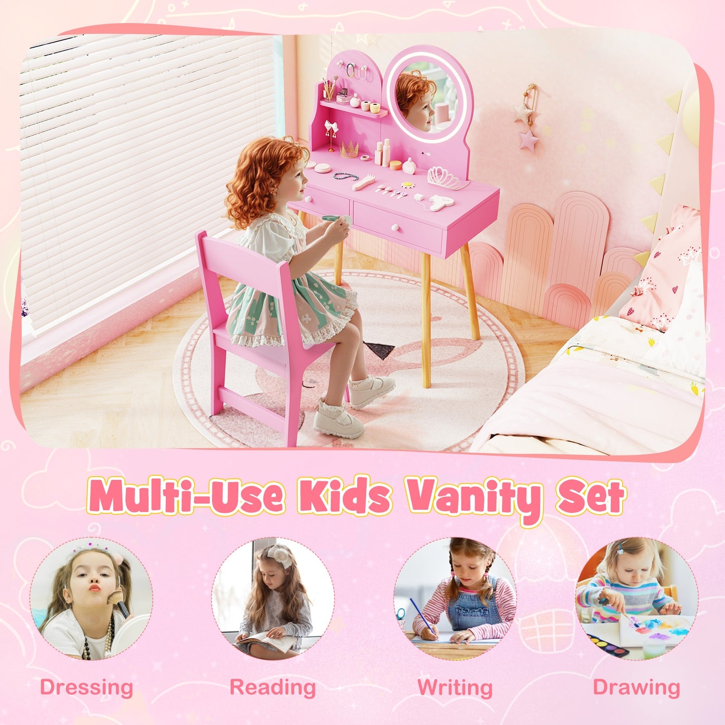 Kids Princess Makeup Dressing Desk and Chair Set with Mirror and Lights, Pink Kids Table & Chair Sets at Gallery Canada