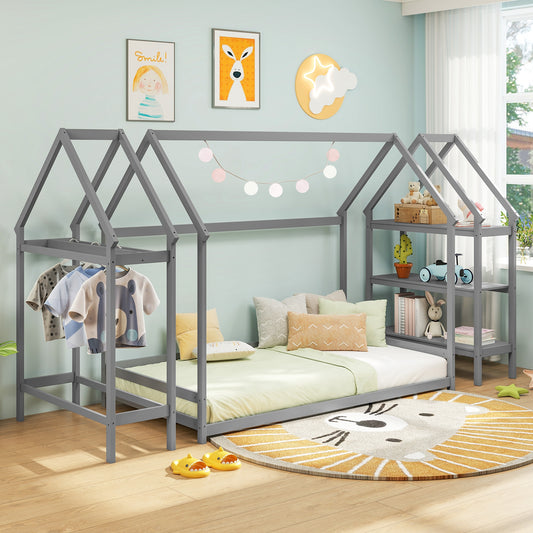 Twin Size Montessori Floor House Bed with Detachable Storage Shelves-Grey, Gray Toddler Beds Gray at Gallery Canada