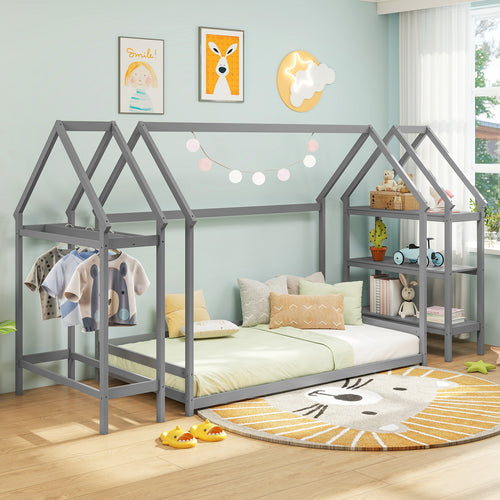 Twin Size Montessori Floor House Bed with Detachable Storage Shelves-Grey, Gray