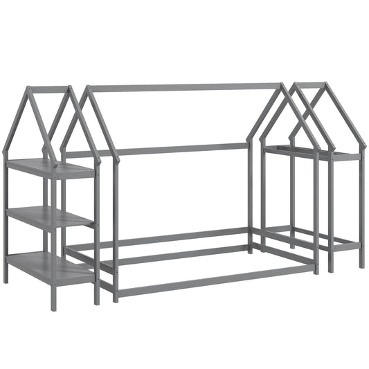 Twin Size Montessori Floor House Bed with Detachable Storage Shelves-Grey, Gray Toddler Beds Gray at Gallery Canada