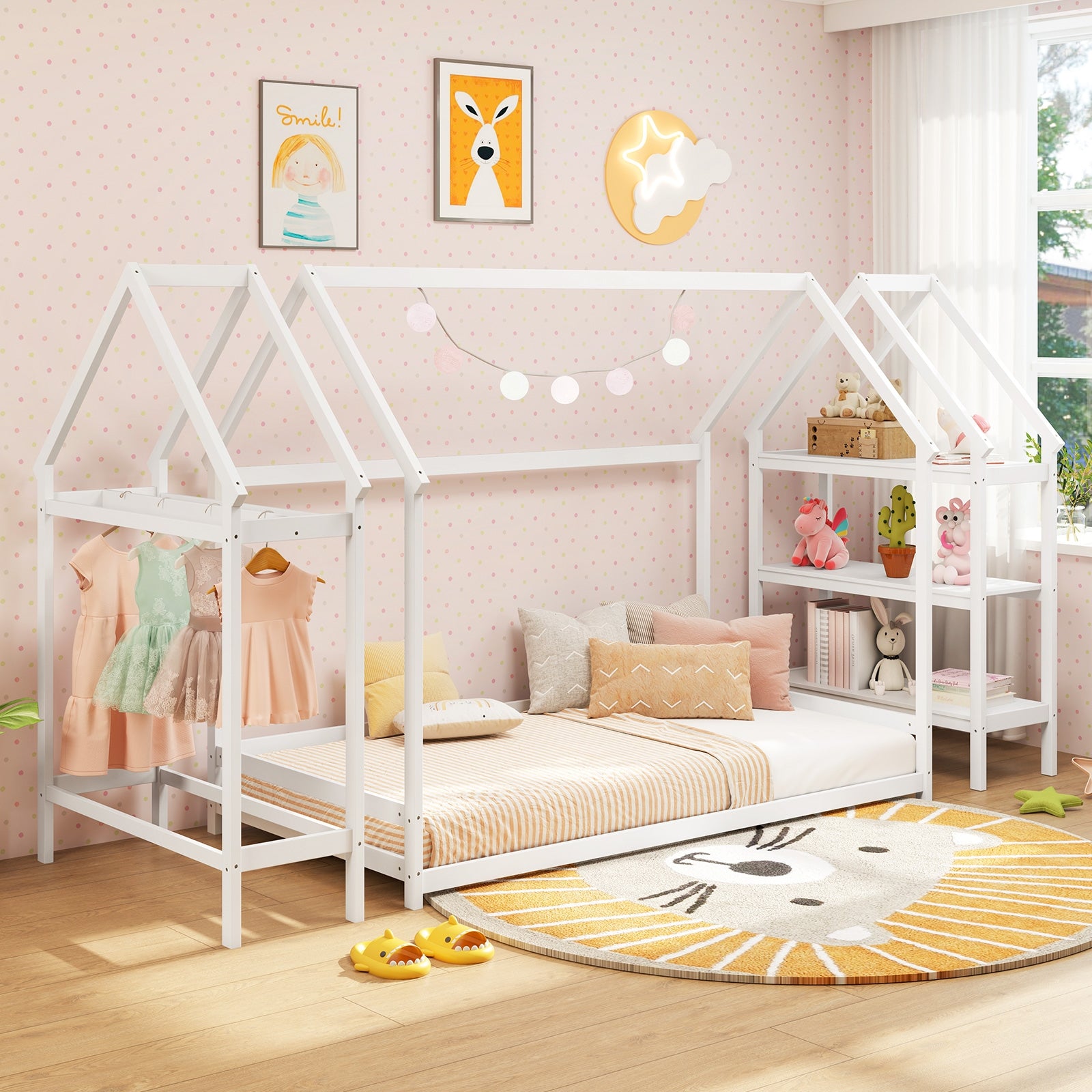 Twin Size Montessori Floor House Bed with Detachable Storage Shelves, White Toddler Beds at Gallery Canada