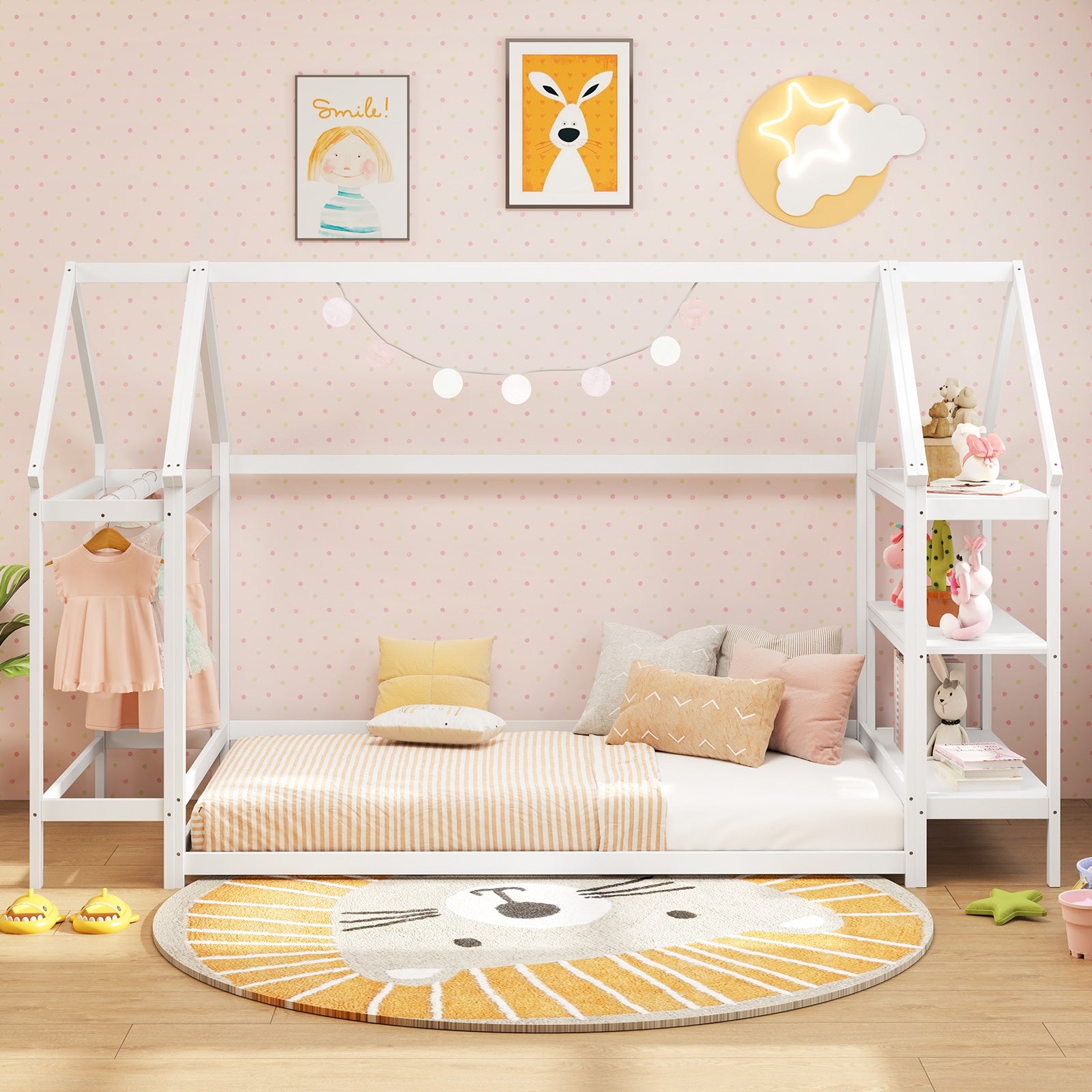 Twin Size Montessori Floor House Bed with Detachable Storage Shelves, White Toddler Beds at Gallery Canada