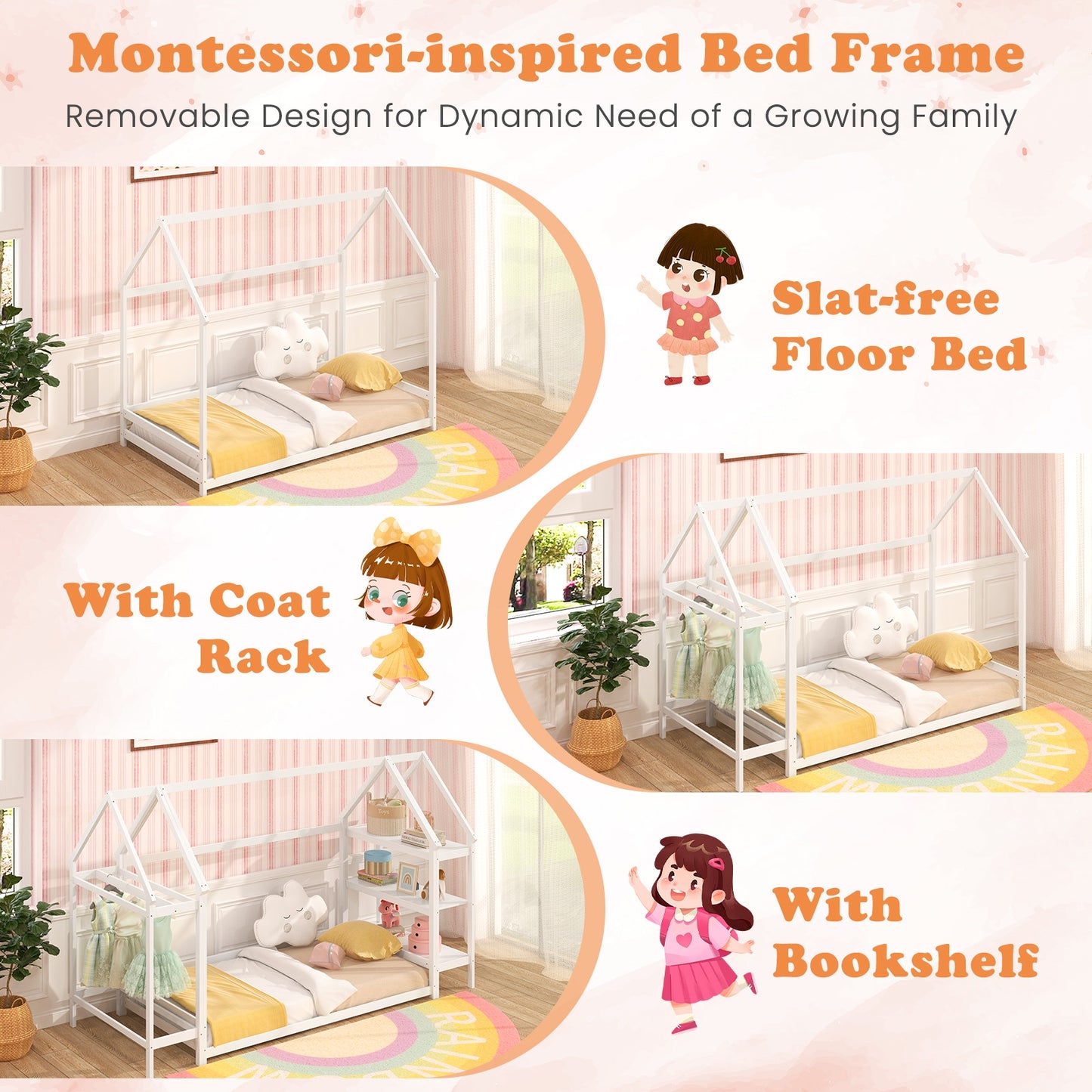 Twin Size Montessori Floor House Bed with Detachable Storage Shelves, White Toddler Beds at Gallery Canada