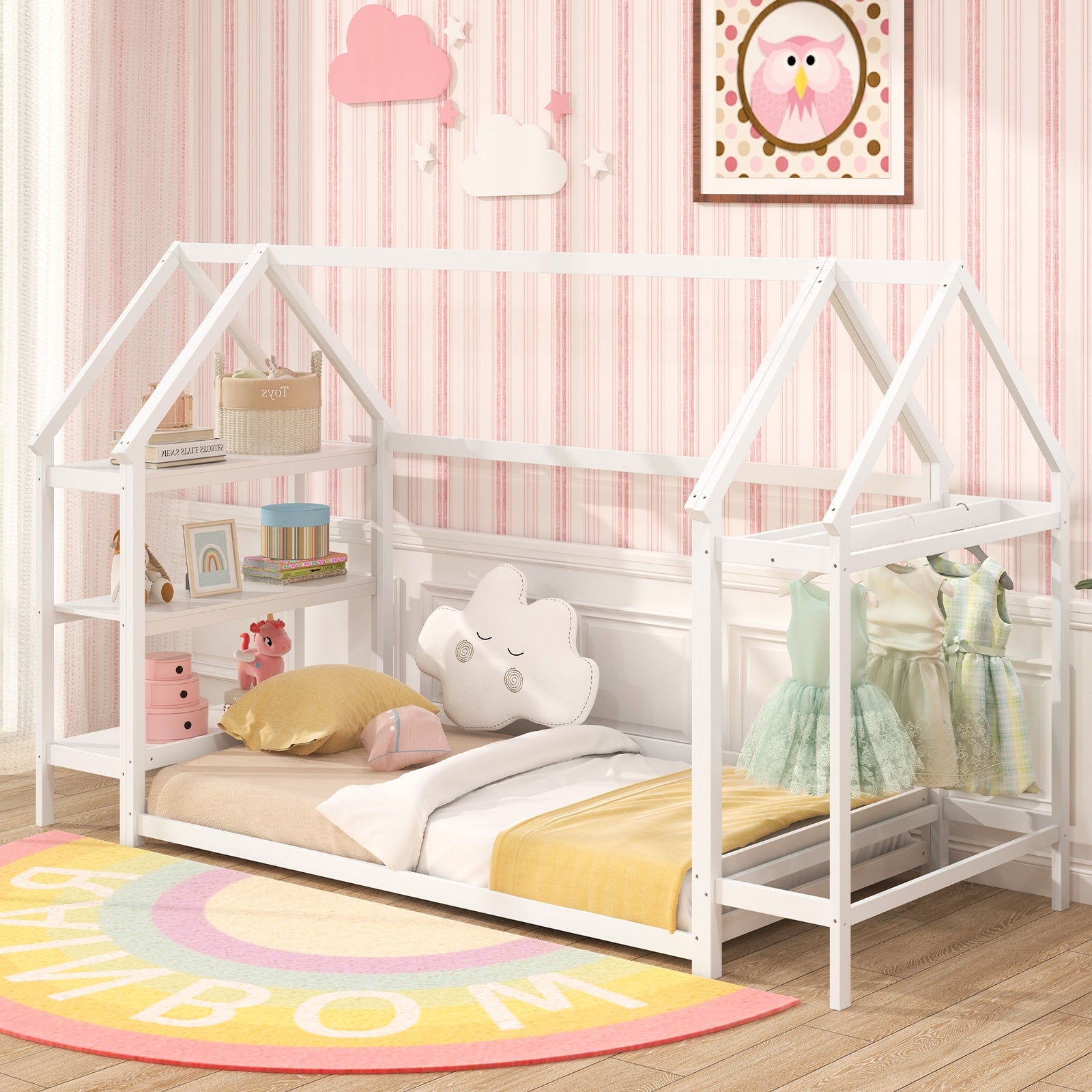 Twin Size Montessori Floor House Bed with Detachable Storage Shelves, White Toddler Beds at Gallery Canada