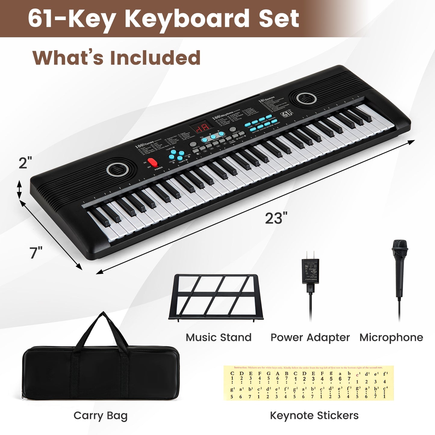 61 Key Electric Portable Digital Keyboard Piano for Beginner, Black