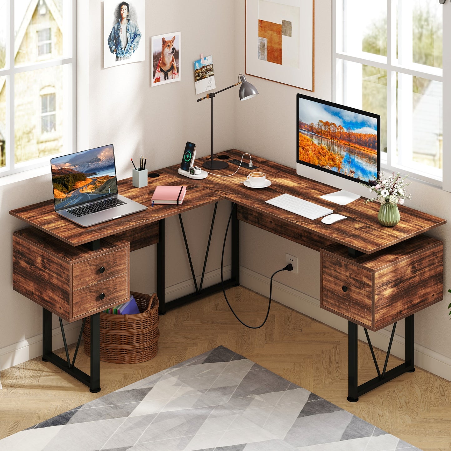 L-shaped Computer Desk with Power Outlets and 3 Storage Drawers, Rustic Brown Computer Desks at Gallery Canada