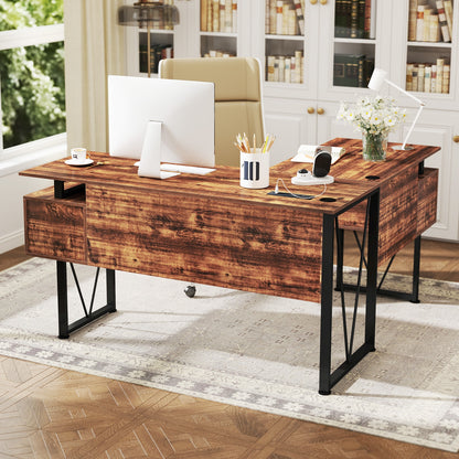 L-shaped Computer Desk with Power Outlets and 3 Storage Drawers, Rustic Brown Computer Desks at Gallery Canada