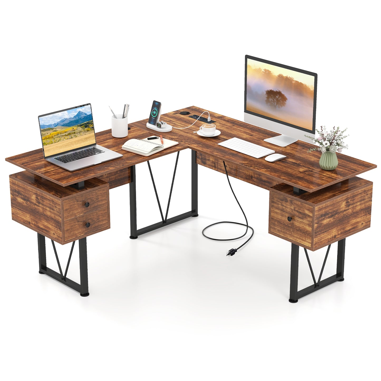 L-shaped Computer Desk with Power Outlets and 3 Storage Drawers, Rustic Brown Computer Desks at Gallery Canada