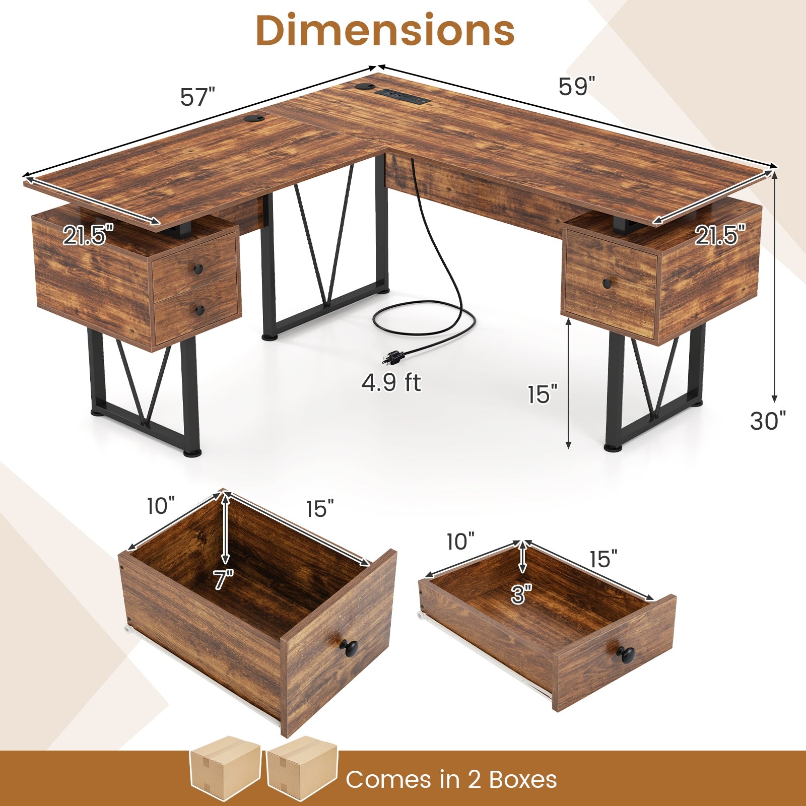 L-shaped Computer Desk with Power Outlets and 3 Storage Drawers, Rustic Brown Computer Desks at Gallery Canada