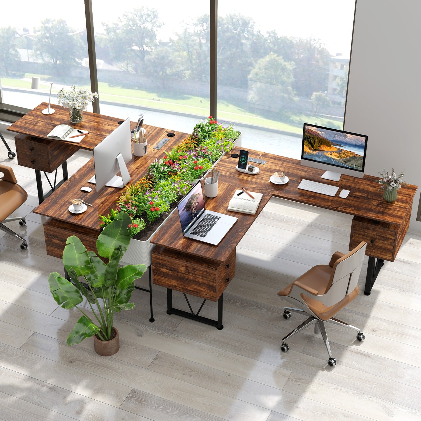 L-shaped Computer Desk with Power Outlets and 3 Storage Drawers, Rustic Brown Computer Desks at Gallery Canada