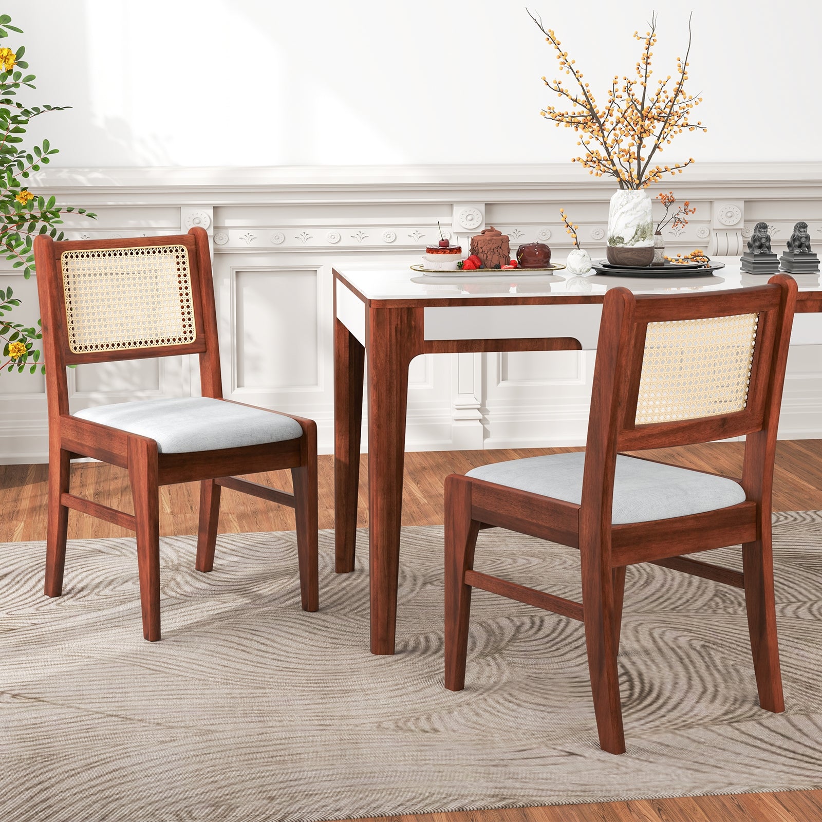 Wooden Kitchen Chairs with Cane Back Rubber Wood Frame and Padded Seat, Coffee Dining Chairs at Gallery Canada