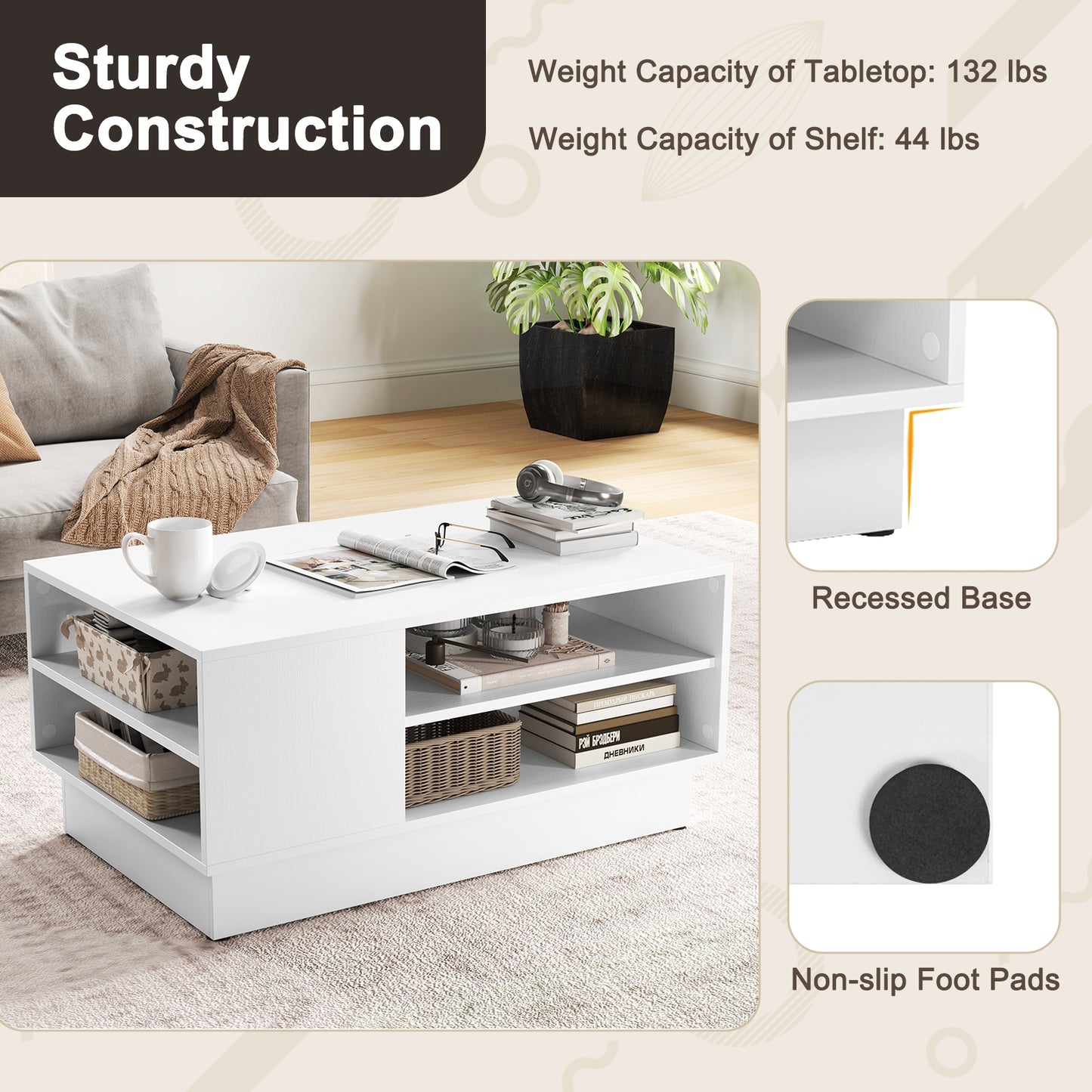 Modern Coffee Table with 2-Tier Open Storage Shelves, White Coffee Tables at Gallery Canada